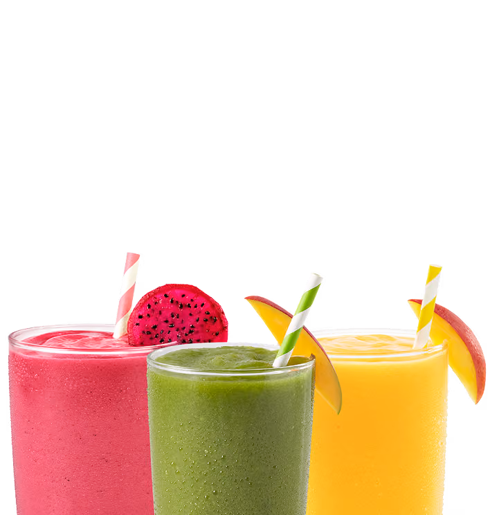 Tropical Smoothie Cafe green smoothie, Tropical Dragon Passion smoothie & Mango Monsoon smoothie showcased in front of a blue wallpaper with a Tropic Rewards logo