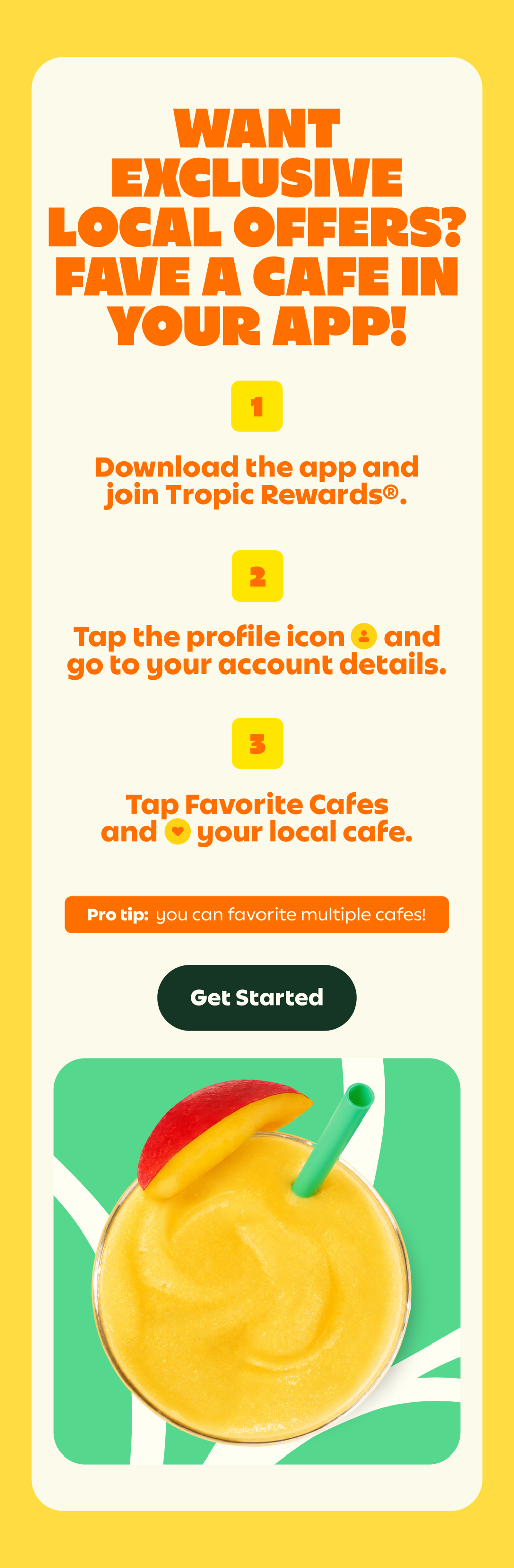 A QR code scanner with Tropical Smoothie Cafe logo and a get started button.